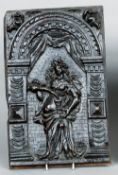 A 17th/18th century carved oak panel
Centrally carved with a female figure pouring a drink.  39