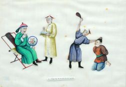 Three 19th century Chinese pith pictures
Entitled Arrest of Criminals, Banishment and Slapping the