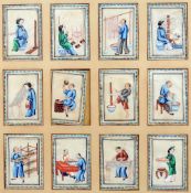 Twelve small 19th century Chinese pith pictures
Each depicting a figure in various pursuits, mounted