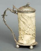 A George III silver mounted Chinese carved ivory tusk section lidded tankard, hallmarked London