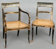 Three Regency black painted and gilt decorated open armchairs
Together with a single chair en suite,