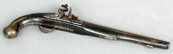 An 18th/19th century flintlock pistol
With a plain barrel and brass mounted stock.  45 cms long.