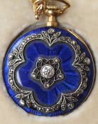 A gold, diamond and enamel pendant watch
Mounted on a bow tied enamel decorated gold chain, the dial