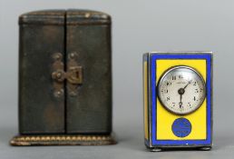 A miniature Cartier enamelled carriage clock
Decorated with blue and yellow enamels, the circular