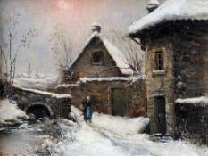 JEAN BAIN (19th/20th century) French
Riverscape; and Figure in a Snowy Village
Oil on canvas
One