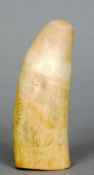 A scrimshaw sperm whale tooth
Carved with a shepherdess and sheep.  15 cms high.   CONDITION