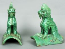 A pair of 19th century Chinese green glazed ridge tiles
Each  modelled with a seated dragon.  31 cms