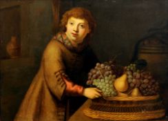 CONTINENTAL SCHOOL (18th century)
Portrait of a Young Man With a Large Wicker Basket of Fruit
Oil on