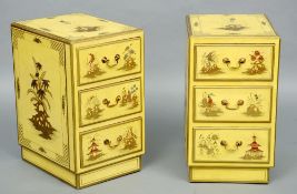 A pair of chinoiserie lacquered bedside cabinets
Each with three drawers, the yellow ground with