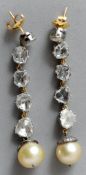 A pair of rose diamond and pearl drop earrings
Each 6.5 cms long.   CONDITION REPORTS:  Some