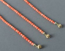 Three 14 ct gold mounted coral necklaces
Each 45 cms long.  (3)   CONDITION REPORTS:  Generally in