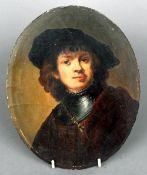 After REMBRANDT (1606-1669) Dutch
Self Portrait as a Young Man
Oil on board
18 x 22 cms