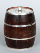 An early 20th century Sterling silver mounted treen tobacco pot
Formed as a coopered barrel, the lid