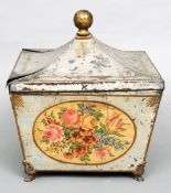 A 19th century painted tole ware coal box
The pagoda cover with ball finial, the floral decorated