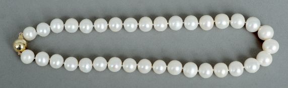 A pearl necklace
The large pearls with a 14 ct gold ball form clasp.  25 cms long.   CONDITION