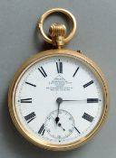 An 18 ct gold open faced pocket watch
The white enamel dial with Roman numerals and subsidiary