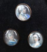 Three early 19th century buttons
Each painted with a portrait bust, housed in a common frame.