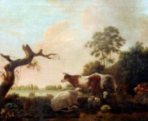 Circle of ALBERT CUYP (1620-1691) Dutch
Shepherd Resting With His Livestock, in a River Landscape