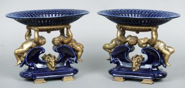 A pair of decorative gilt bronze mounted blue glazed porcelain tazza
Each with reticulated dish