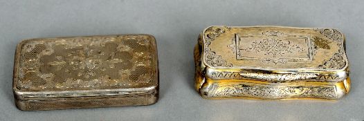 Two 19th century Continental silver snuff boxes
Each with engraved decoration.  The largest 9 cms