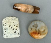 A pierce mutton fat jade panel
Carved with a fish; together with a disk carved with toads and a