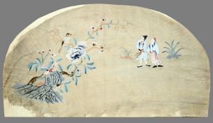 CHINESE SCHOOL (19th/20th century)
Figures Admiring an Exotic Bird in Foliage
Fan shaped watercolour