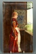 A 19th century German painted porcelain plaque
Depicting a young lady gazing upon the countryside