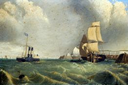 ENGLISH SCHOOL (19th century) 
Steam Boat and Sailing Vessels in  Choppy Waters
Oil on board