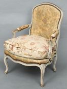 A pair of Louis XV style upholstered open armchairs
The painted frames with needlework