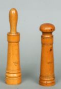 Two treen shot tampers
Each boxwood tool of cylindrical form with a brass insert. The largest 22 cms