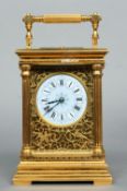 A 19th century gilt cased repeating carriage clock
The blue enamelled dial with Roman numerals