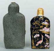 An 18th/early 19th century yellow metal mounted enamel decorated blue glass scent bottle, probably