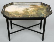 A large 19th century painted tole ware tray, titled Morning, possibly Tom Fowler of Colefax & Folwer