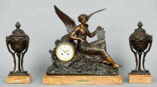 A three piece clock garniture
The central clock surmounted with an angel and various items and