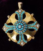 An early Victorian unmarked 18 ct gold turquoise and seed pearl pendant brooch
The domed central