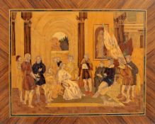 A 19th century North European marquetry and brass inlaid panel
Decorated with courtly figures in