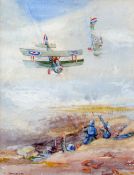 L. CARTWRIGHT (20th century) British
Bi-Plane Attacking the German Trenches
Watercolour
Signed
21.