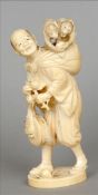 A 19th century ivory okimono Carved as the figure of an elderly gentleman with two monkeys on his