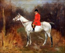 ENGLISH SCHOOL (20th century) Portrait of a Huntsman and His Grey Mount Oil on canvas 60 x 49.5 cms,