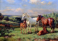 WRIGHT BARKER (1863-1941) British Family of Horses in an Extensive Country Landscape Oil on canvas