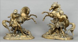 A pair of large brass Marley horses Of typical form. Each 58 cms wide. (2) Losses and replacement to