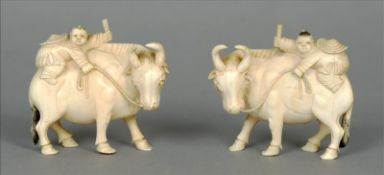 A pair of late 19th century Chinese ivory carvings Each formed as a small boy riding a water