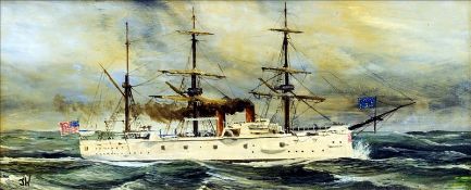 JOE HANLON (20th century) USS Chicago 1980, Steel Protected Cruiser Oil on board Signed with