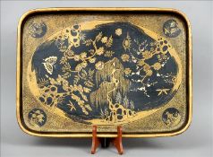 A chinoiserie decorated tole ware tray Decorated in gilt with four circular vignettes bordering