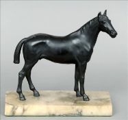 A bronze patinated spelter model of a horse Naturalistically modelled, standing on an onyx plinth