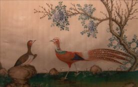 A pair of 19th century Chinese rice paper paintings Each depicting exotic birds in a landscape,