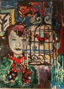 *AR RICHARD WELSBROD (1906-1991) British Girl with Birdcage (No. 20) Acrylic on paper Old label to