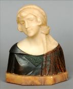 A late 19th/early 20th century Italian bronze and alabaster bust Modelled as a young lady wearing