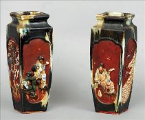 A pair of 19th century Japanese earthenware vases Each of tapering square form, decorated in