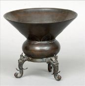 A Japanese patinated bronze vase on stand The flared neck with cast lappet decoration above the